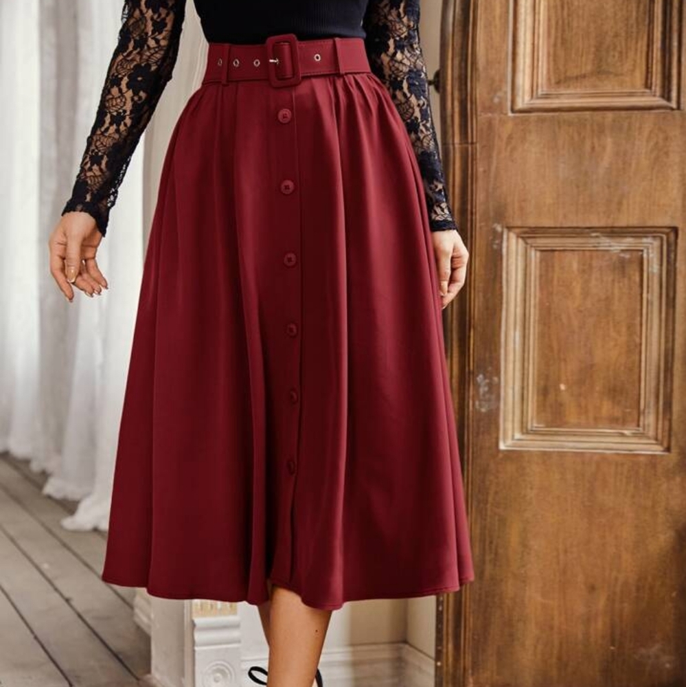 Vintage Style Button Front Midi Belted Skirt
